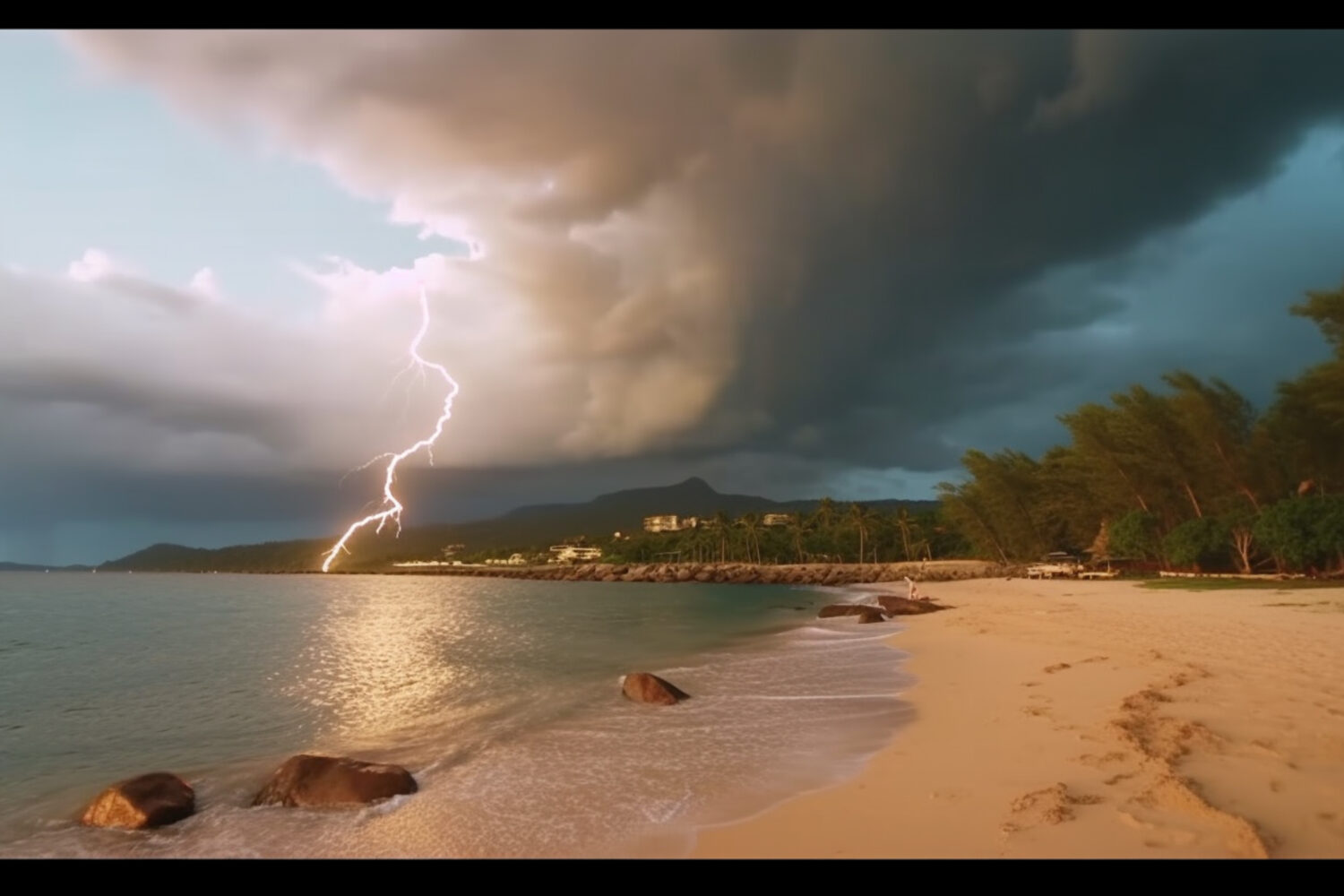 arafed lightning strikes over a beach with rocks and trees. generative ai.