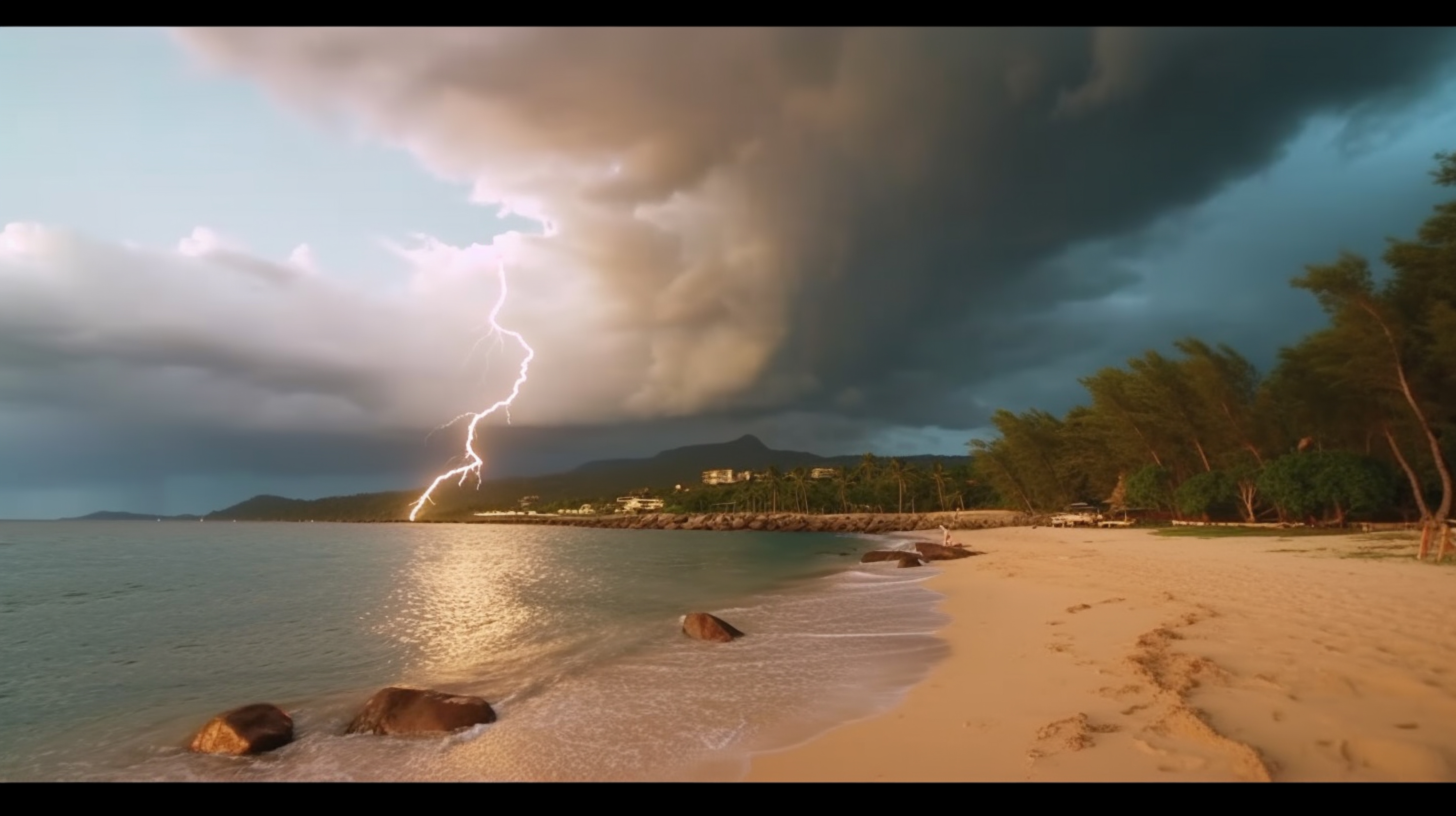 arafed lightning strikes over a beach with rocks and trees. generative ai.