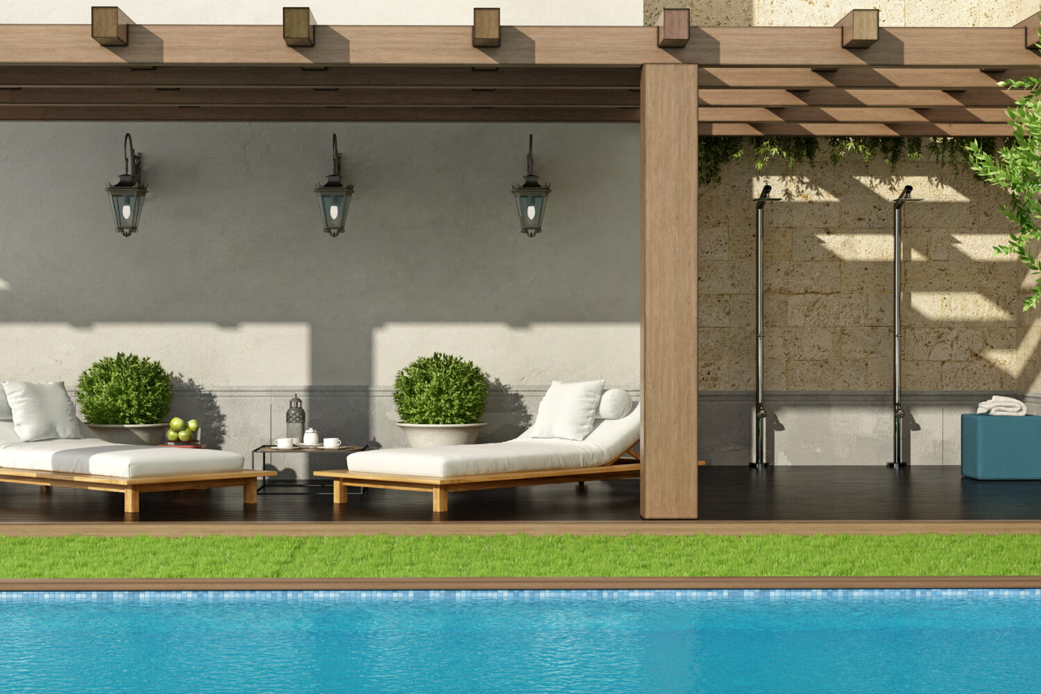 Luxury garden with pergola and swimming pool - 3d rendering