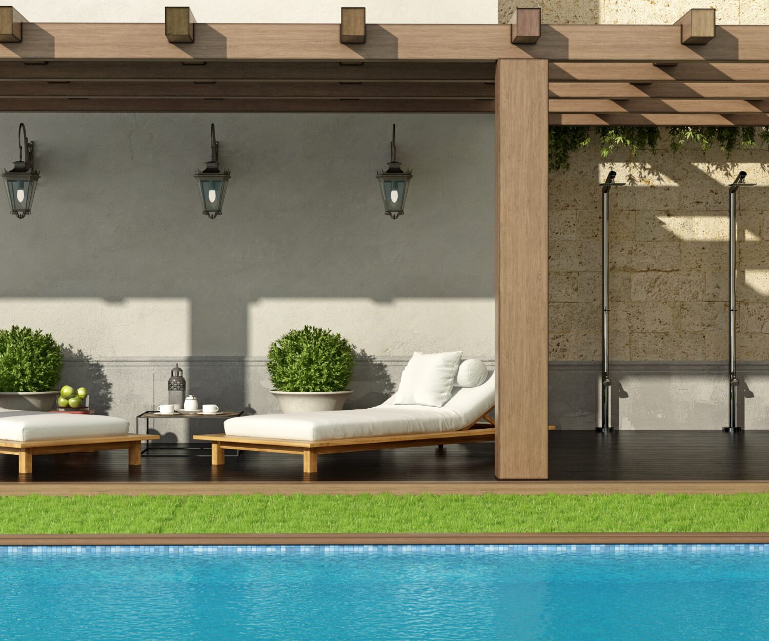 Luxury garden with pergola and swimming pool - 3d rendering
