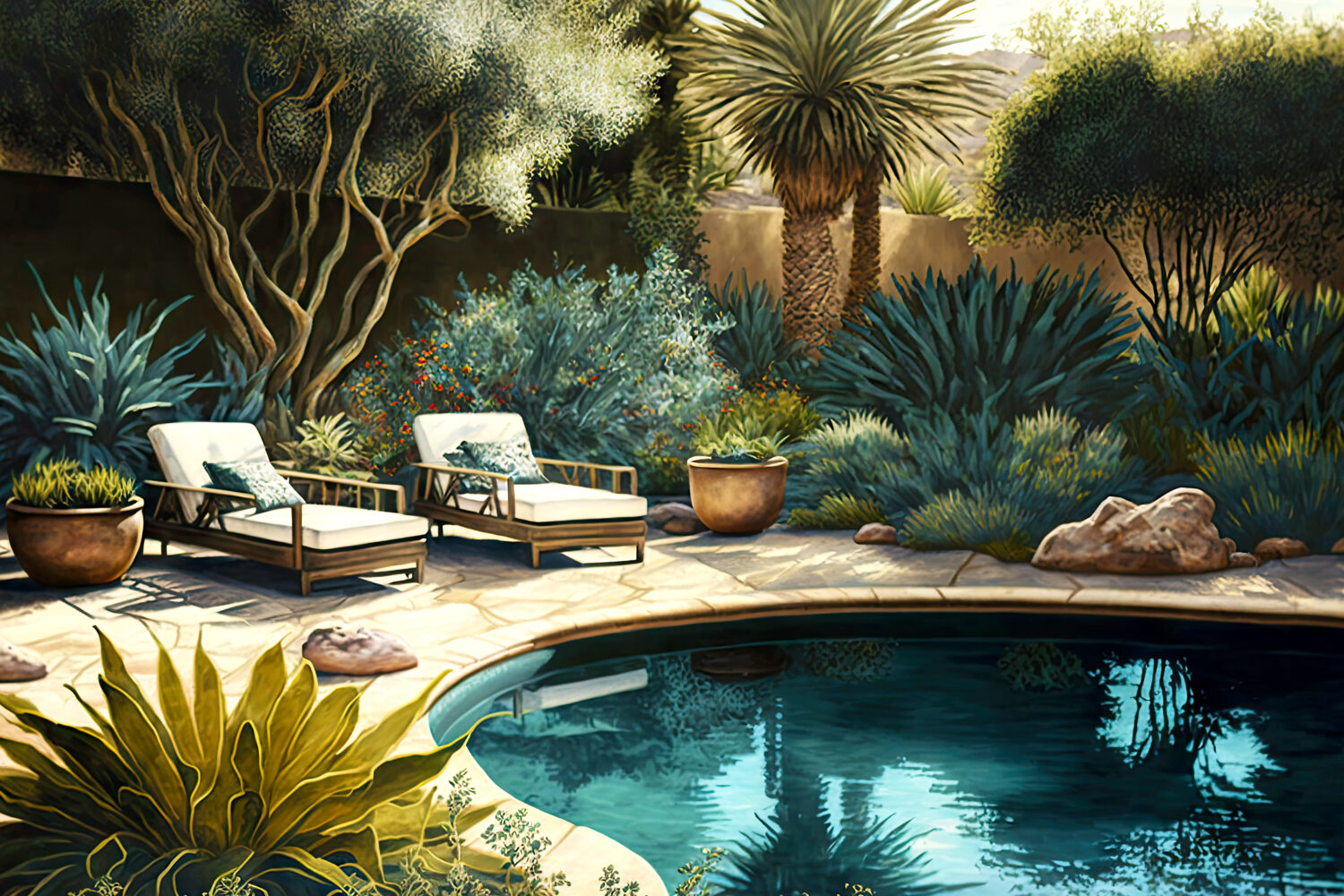 pool in backyard with comfortable loungers around edges and plants in middle
