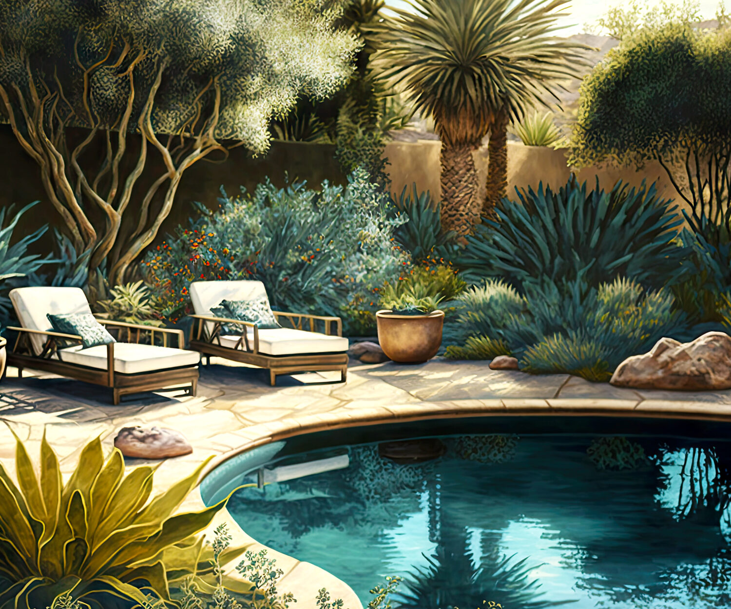 pool in backyard with comfortable loungers around edges and plants in middle