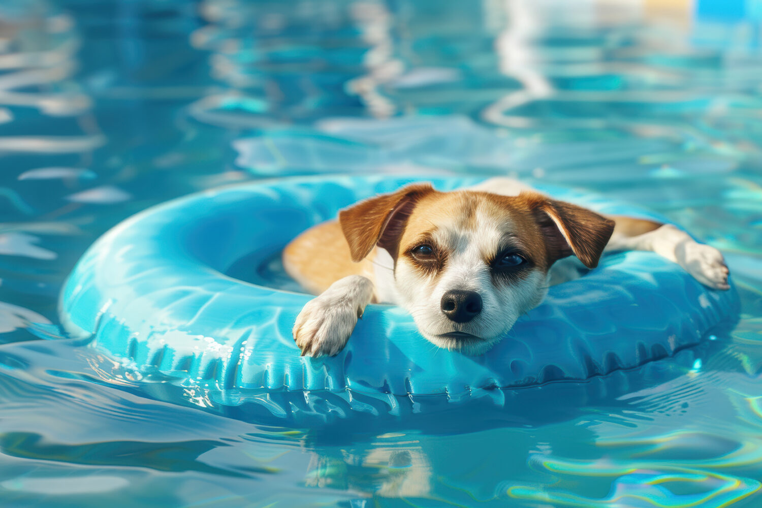 Cute dog relaxing on a blue inflatable ring in a swimming pool on a sunny day. Summer fun for pets and dog owners.