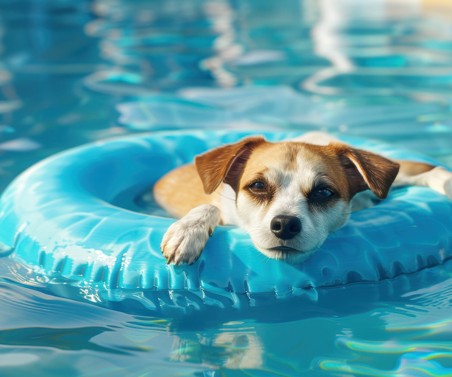 Cute dog relaxing on a blue inflatable ring in a swimming pool on a sunny day. Summer fun for pets and dog owners.